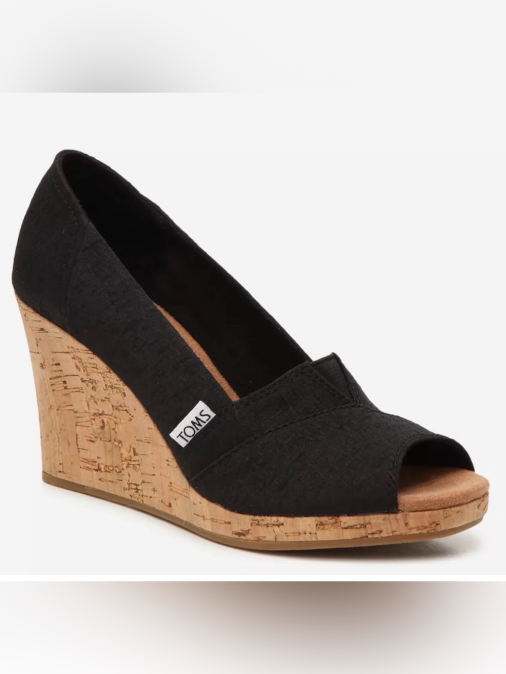 TOMS Classic Black Cork Peep-Toe Wedge Espadrille Size 8